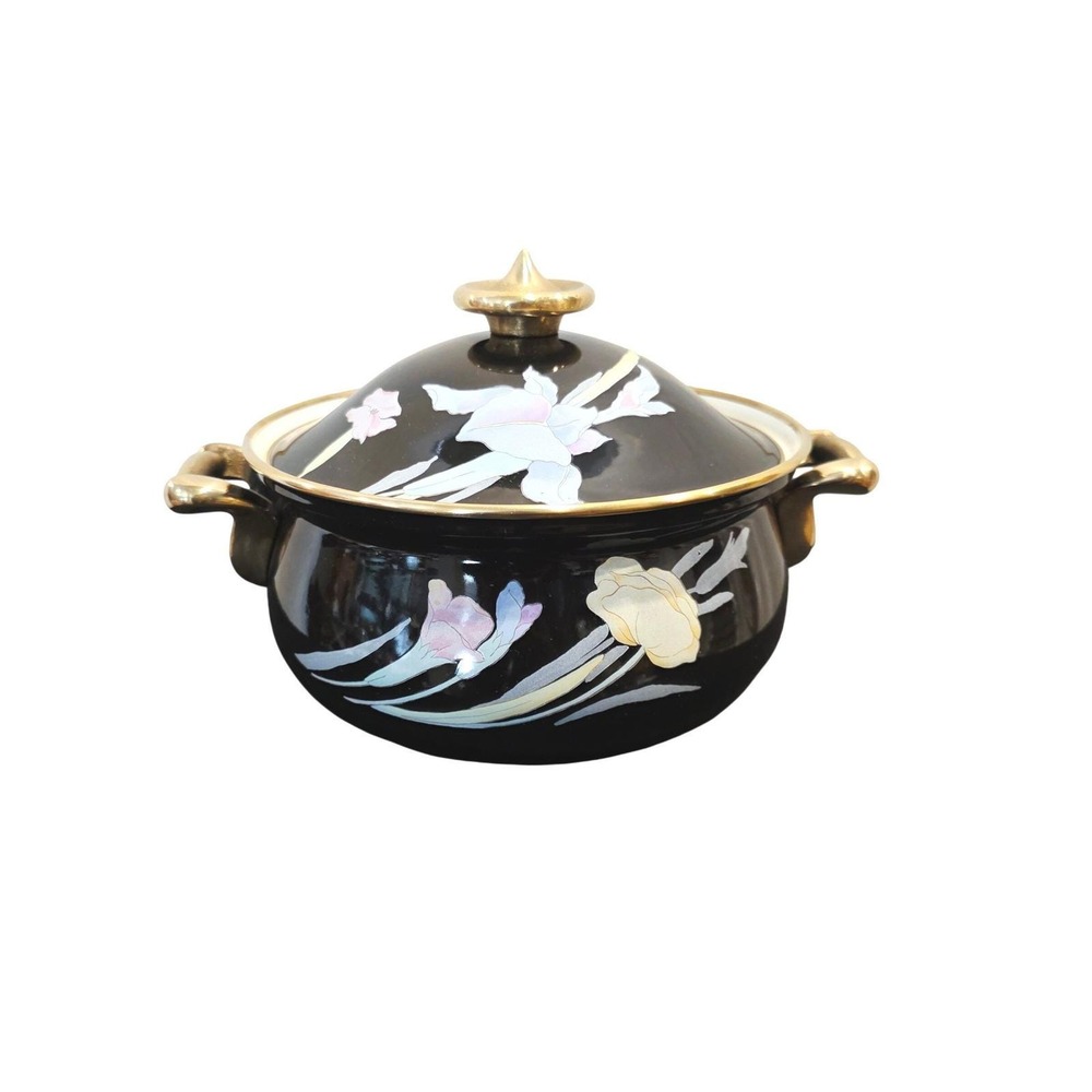 Mikasa Black Enamel Dutchβ Oven, Floral Iris Pattern, Lidded Pot, Japanese Made